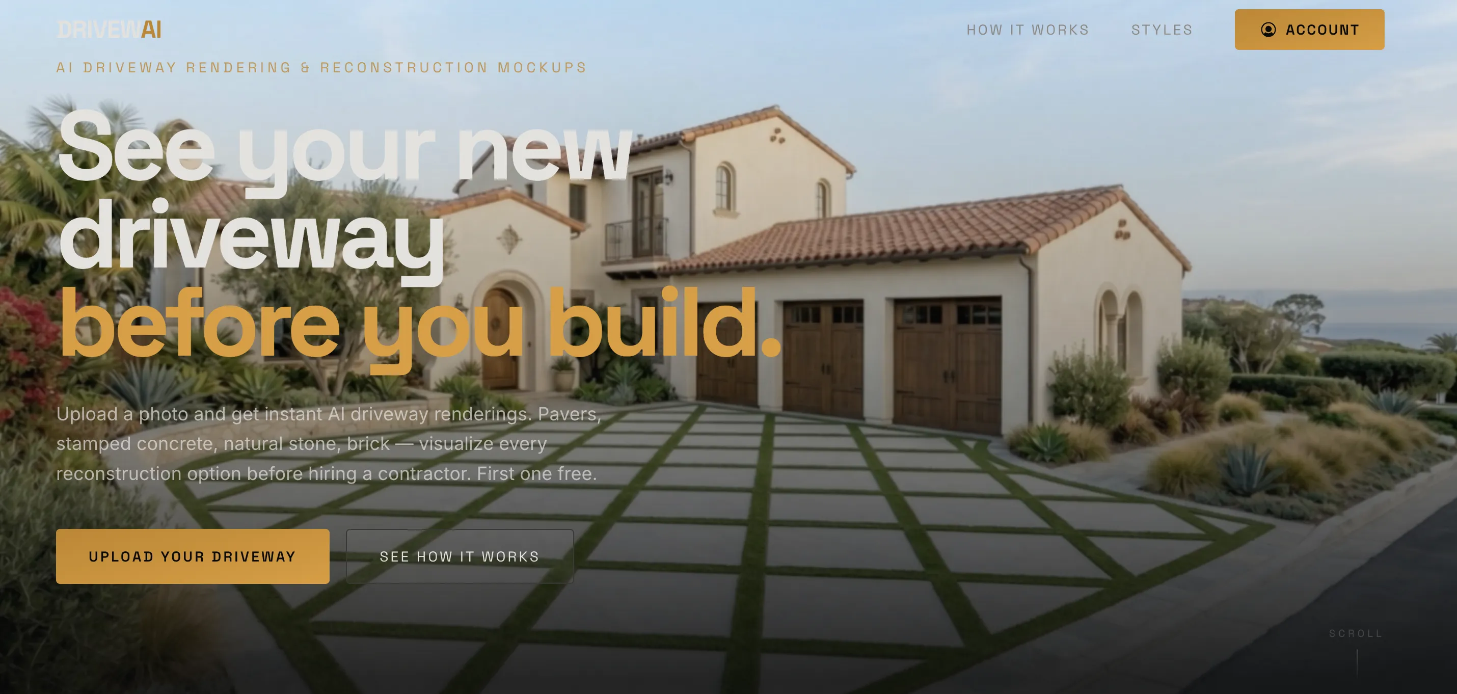 DriveWAI website homepage — an AI driveway rendering and reconstruction mockup tool showing a Spanish-style home