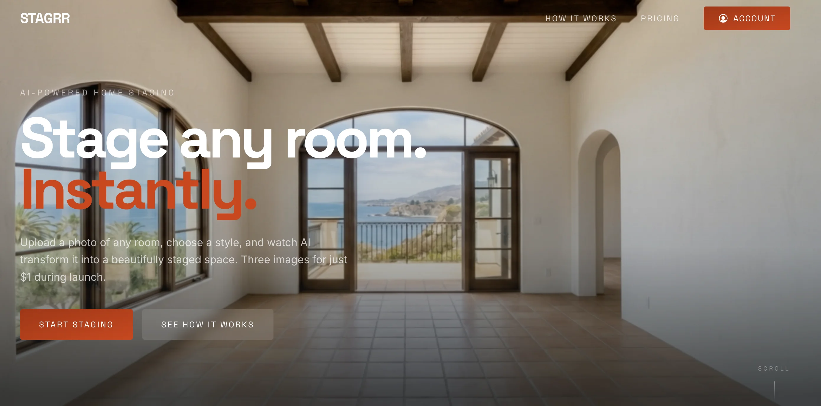 Stagrr website homepage — an AI-powered home staging platform showing a beautifully staged living room